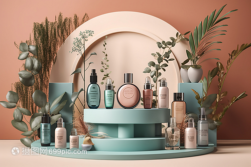 绿植展台的护肤品数字艺术 自然与科技交织的化妆品新叙事